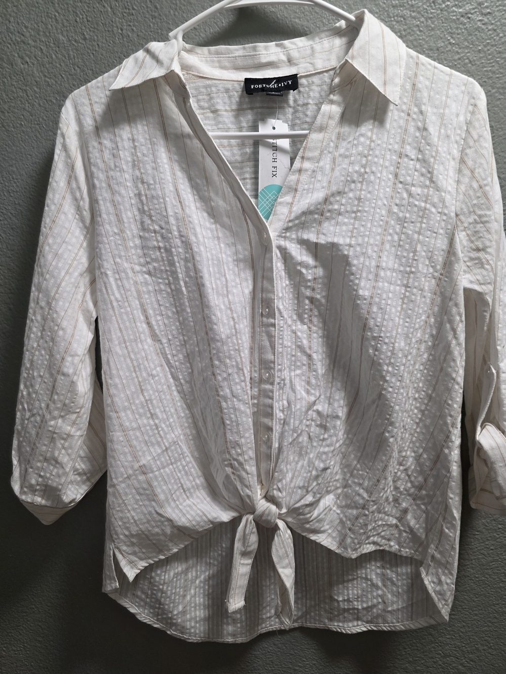 Fortune Ivy Cream Striped Tie-Front Button Blouse